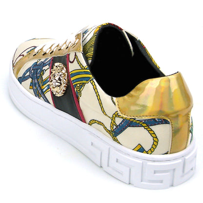 FI-2382 Beige Lace up Low Cut Sneaker Gold Lion head Encore by Fiesso