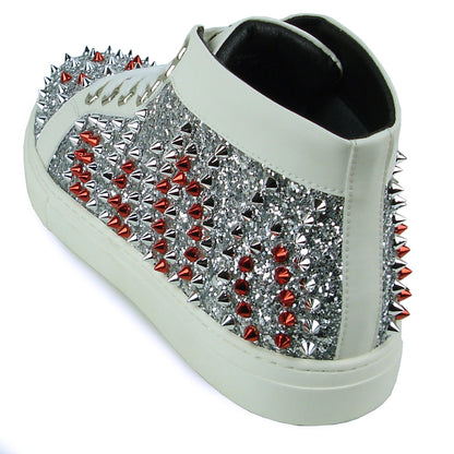 FI-2398 White Leather Silver Red Spikes High top Sneaker Encore by Fiesso