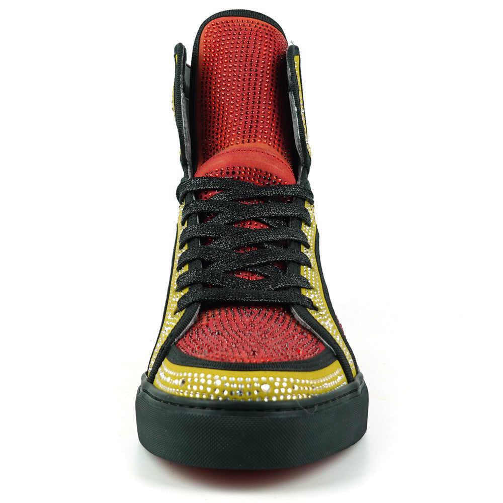 FI-2402 Red Gold Suede Red Gold Rhinestones High Top Sneaker Encore by Fiesso