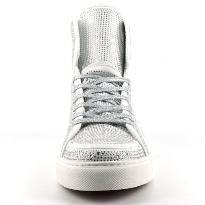 FI-2402 White Suede Clear Rhinestones High Top Sneaker Encore by Fiesso