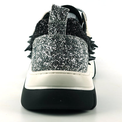 FI-2406 Silver Black Glitter Silver Spikes Lace up Sneaker Encore by Fiesso