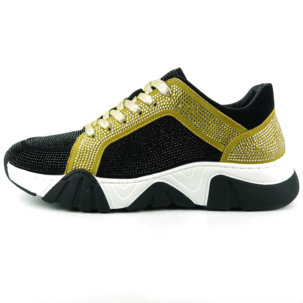 FI-2407 Black Gold Suede Rhinestones Lane up Sneaker Encore by Fiesso