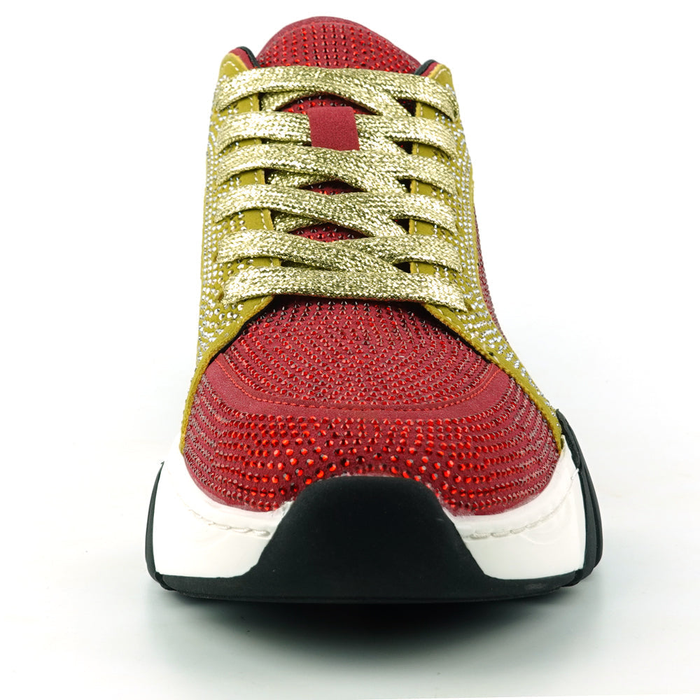 FI-2407 Red Gold Suede Rhinestones Lane up Sneaker Encore by Fiesso
