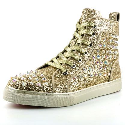 FI-2409 Gold Glitter Gold Spikes Lace up High top Sneaker Encore by Fiesso