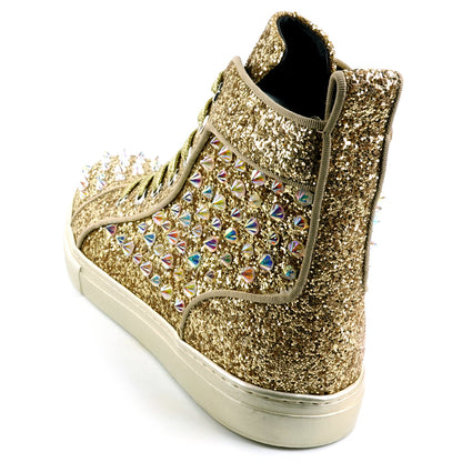 FI-2409 Gold Glitter Gold Spikes Lace up High top Sneaker Encore by Fiesso