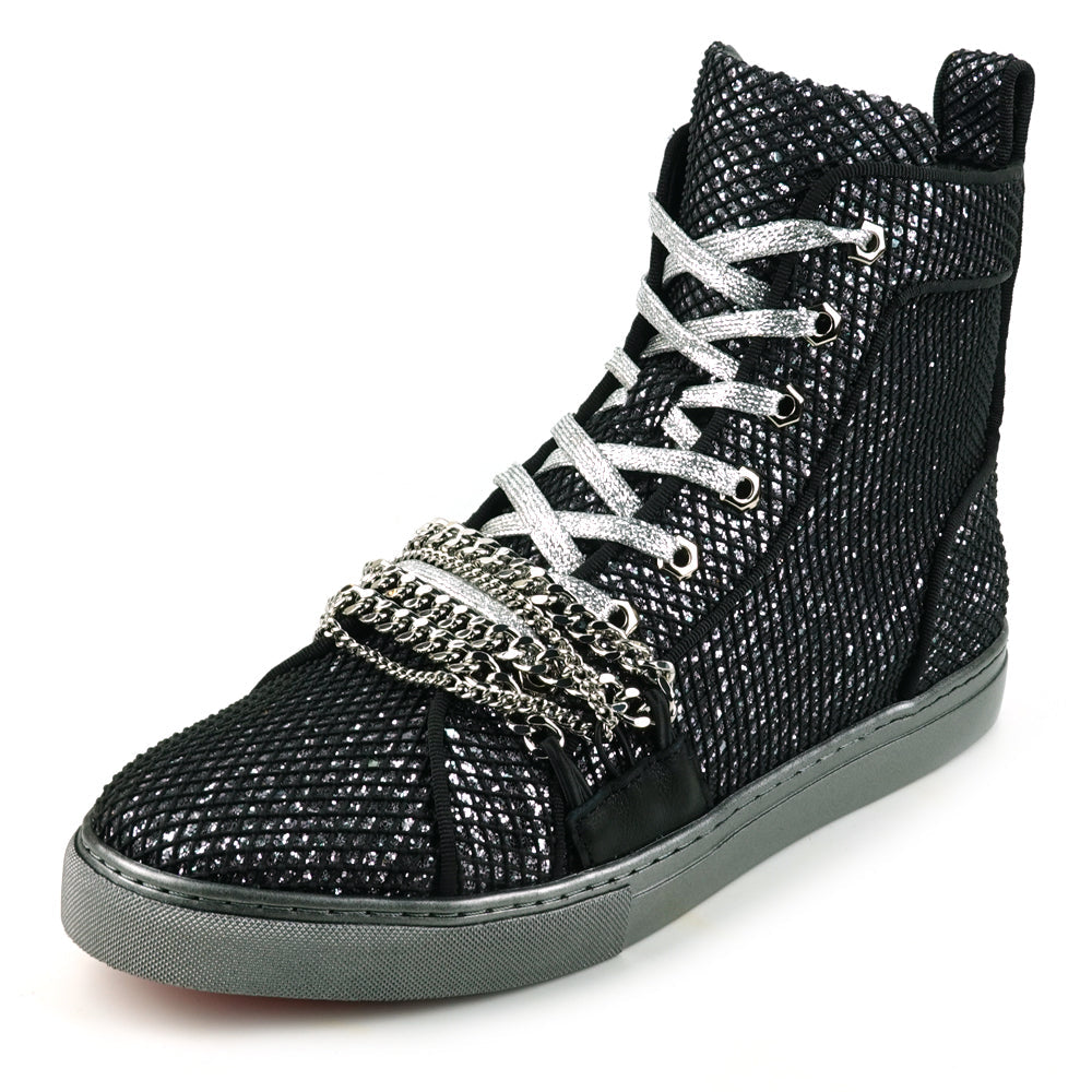 Fiesso Black Silver Chained Crystal High Top Sneakers
