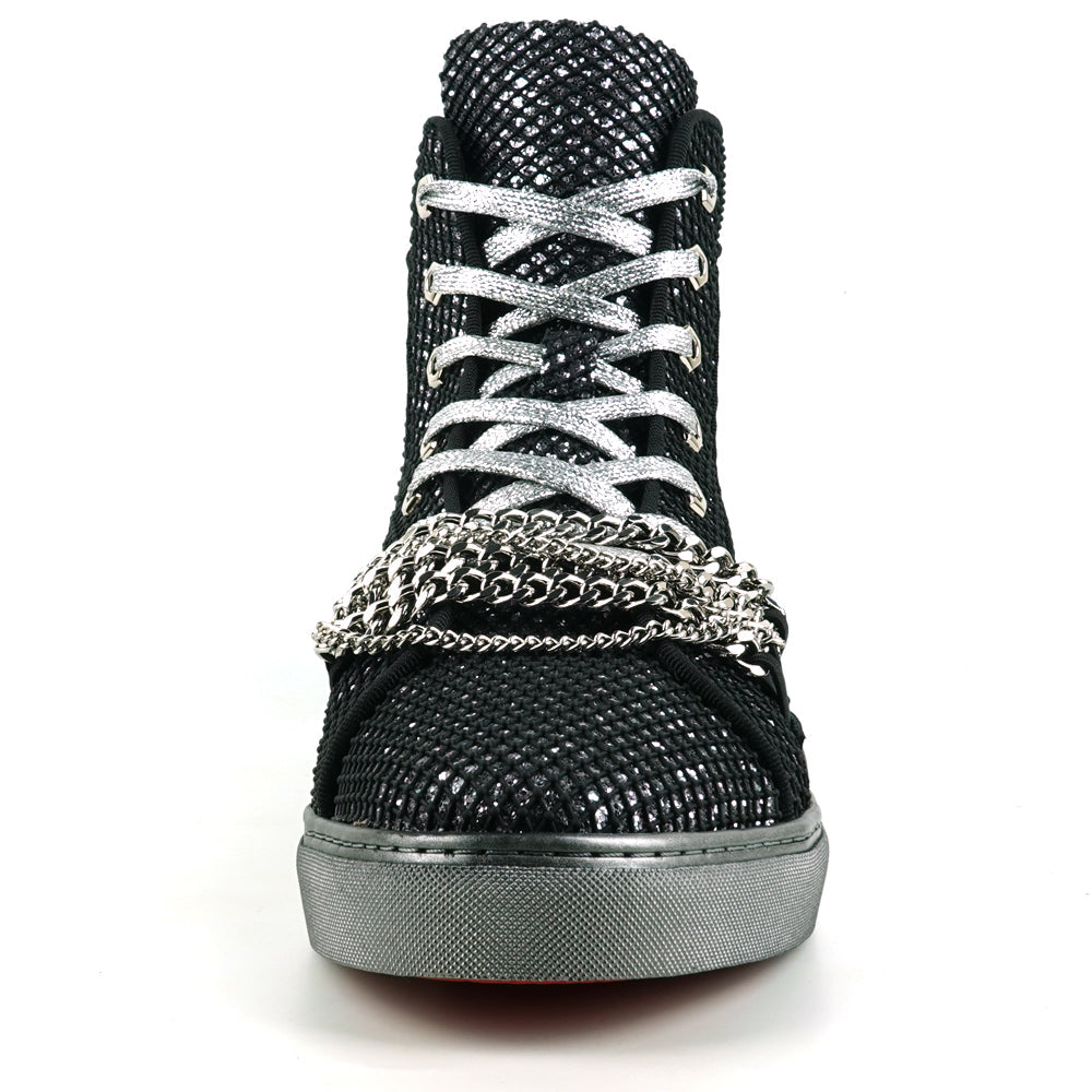 Fiesso Black Silver Chained Crystal High Top Sneakers - Dudes Boutique