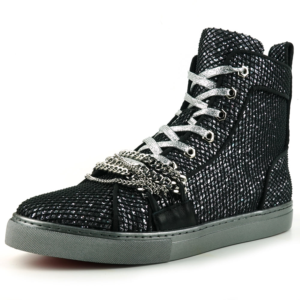 Fiesso Black Silver Chained Crystal High Top Sneakers - Dudes Boutique