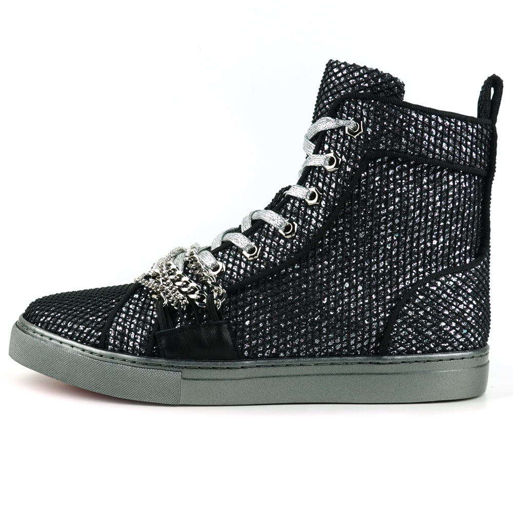 Fiesso Black Silver Chained Crystal High Top Sneakers - Dudes Boutique