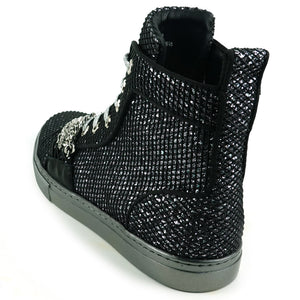 Fiesso Black Silver Chained Crystal High Top Sneakers - Dudes Boutique