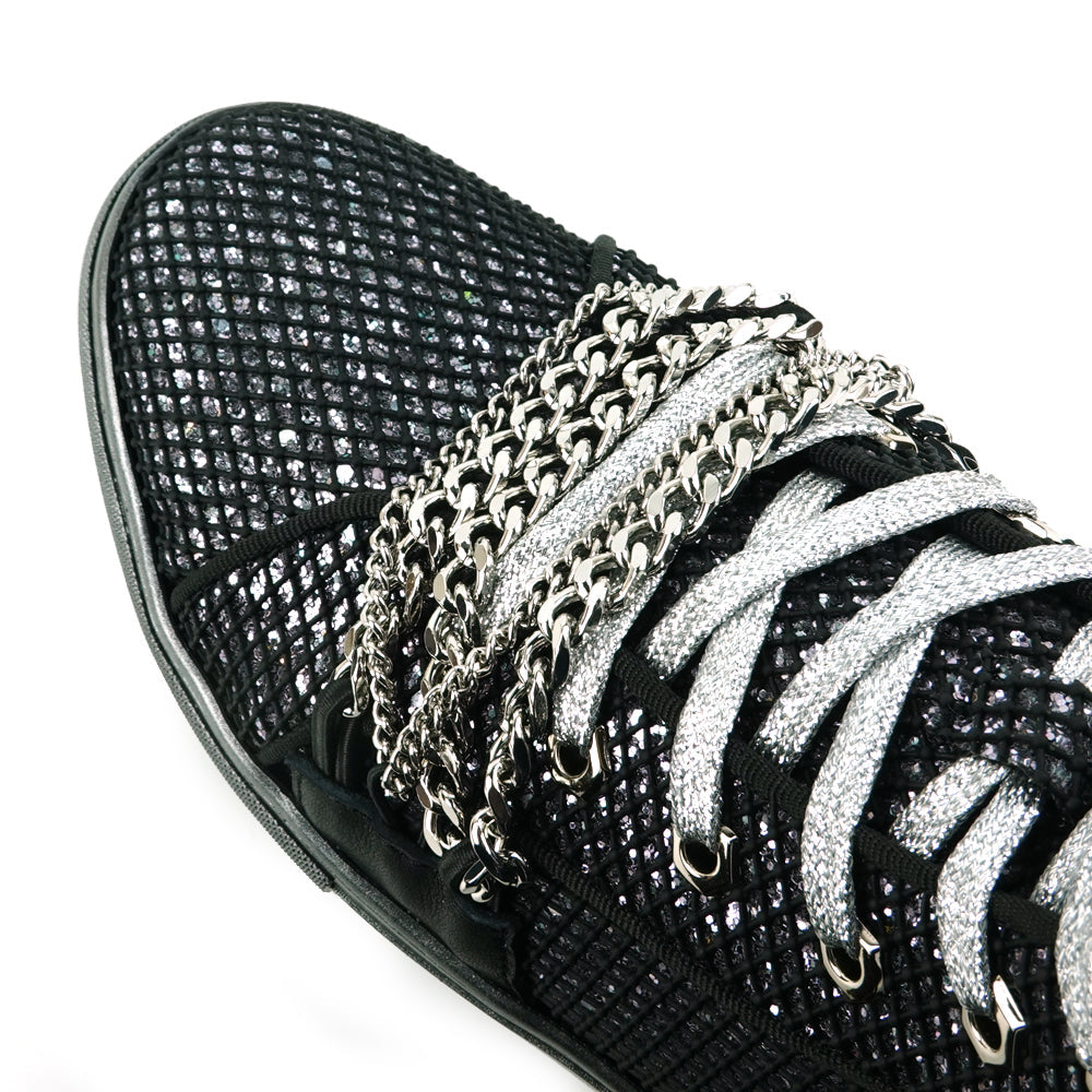 Fiesso Black Silver Chained Crystal High Top Sneakers - Dudes Boutique
