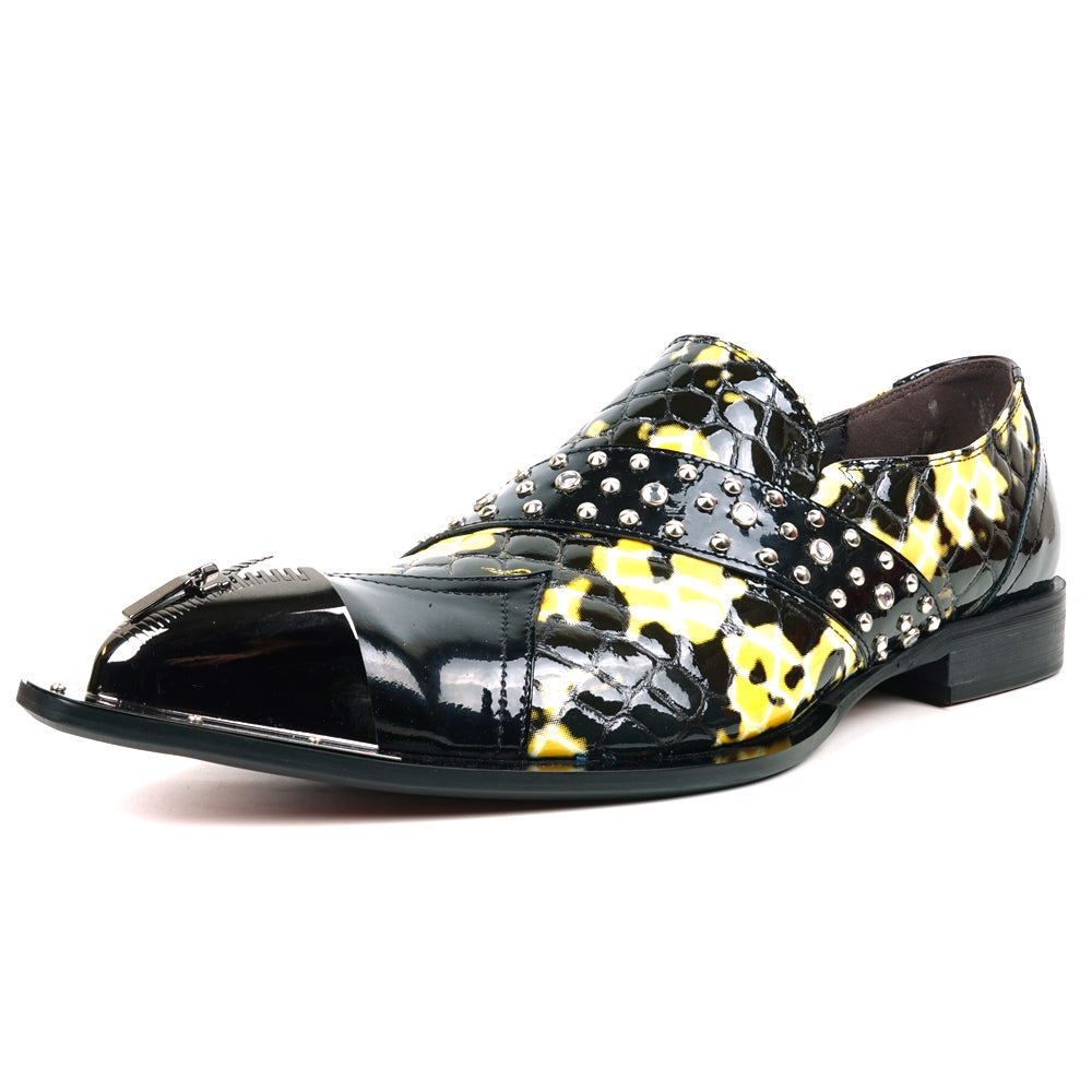 FI-6942 Black/White Genuine Patent Leather Shoe by Fiesso Gun Metal Tip Slip on