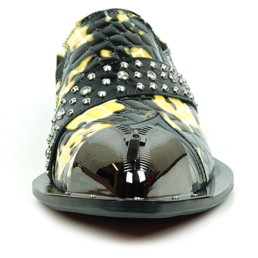 FI-6942 Black/White Genuine Patent Leather Shoe by Fiesso Gun Metal Tip Slip on