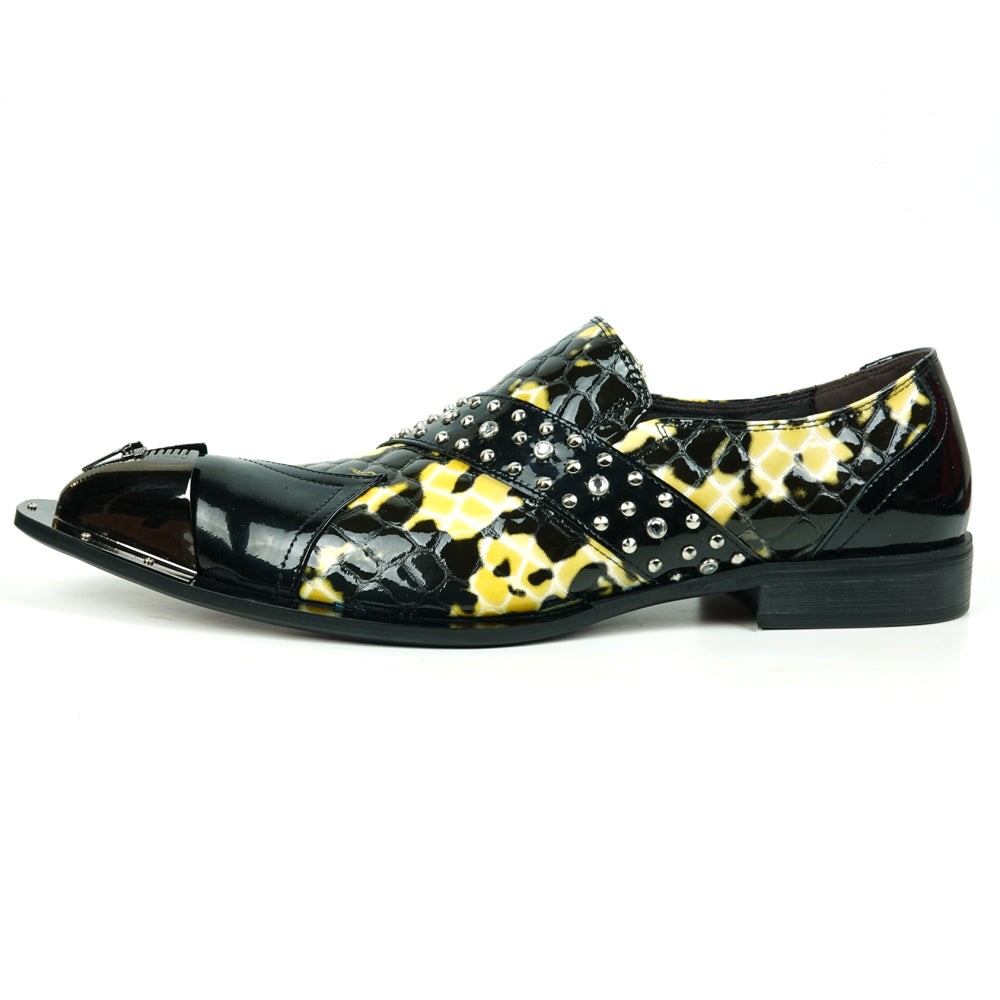 FI-6942 Black/White Genuine Patent Leather Shoe by Fiesso Gun Metal Tip Slip on
