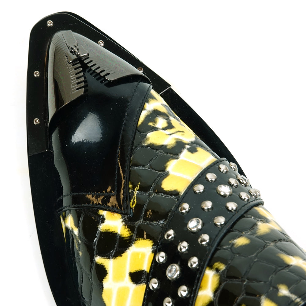 FI-6942 Black/White Genuine Patent Leather Shoe by Fiesso Gun Metal Tip Slip on