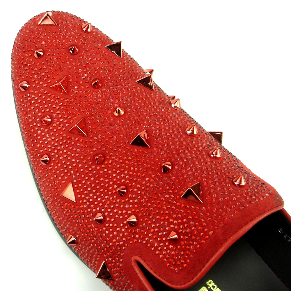 FI-7364 Red  Suede Red Rhinestones and Spikes Slip on Loafer Fiesso by Aurelio Garcia