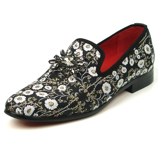 FI-7386 Black White Floral Design Slip on Loafer Fiesso by Aurelio Garcia