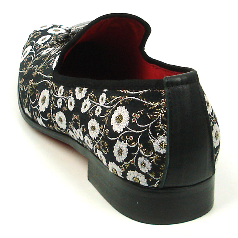 FI-7386 Black White Floral Design Slip on Loafer Fiesso by Aurelio Garcia