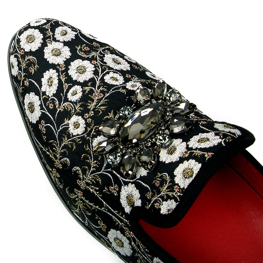 FI-7386 Black White Floral Design Slip on Loafer Fiesso by Aurelio Garcia