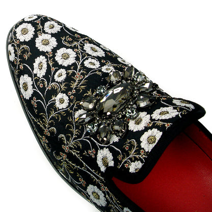 FI-7386 Black White Floral Design Slip on Loafer Fiesso by Aurelio Garcia