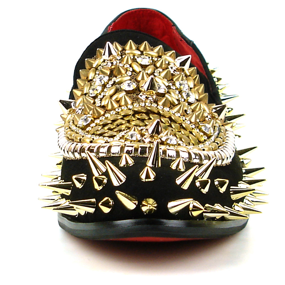 FI-7510 Black Suede Gold Rhinestones Spikes Slip on Loafer Fiesso by Aurelio Garcia
