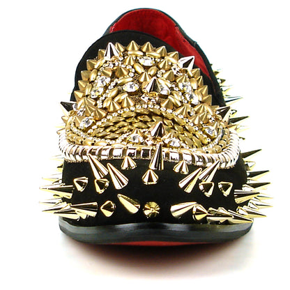 FI-7510 Black Suede Gold Rhinestones Spikes Slip on Loafer Fiesso by Aurelio Garcia