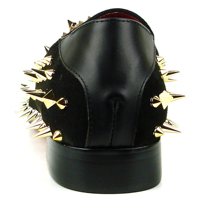 FI-7510 Black Suede Gold Rhinestones Spikes Slip on Loafer Fiesso by Aurelio Garcia