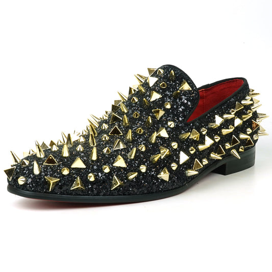FI-7517 Black Glitter Gold Spikes Slip on Loafer Fiesso by Aurelio Garcia