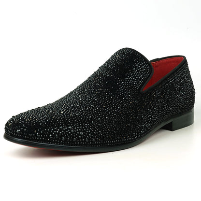FI-7525 Black Suede Rhinestones Slip on Loafer Fiesso by Aurelio Garcia