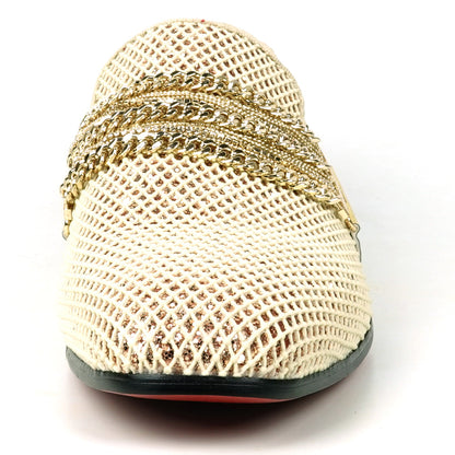 FI-7528 White Gold Glitter With Gold Chain Slip on Loafer Fiesso by Aurelio Garcia