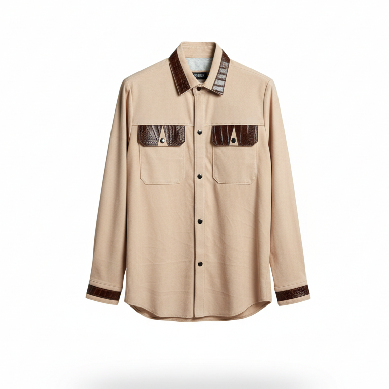 Kashani pink suede shirt with brown alligator trim