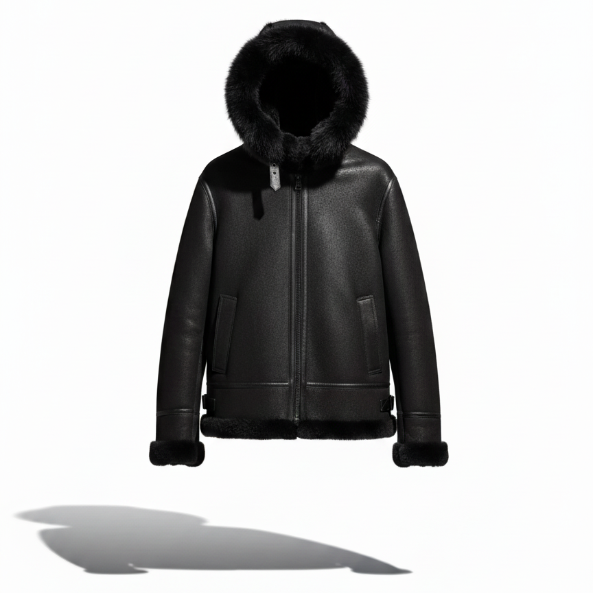 Kashani Black Straight Cut Hooded Shearling Jacket