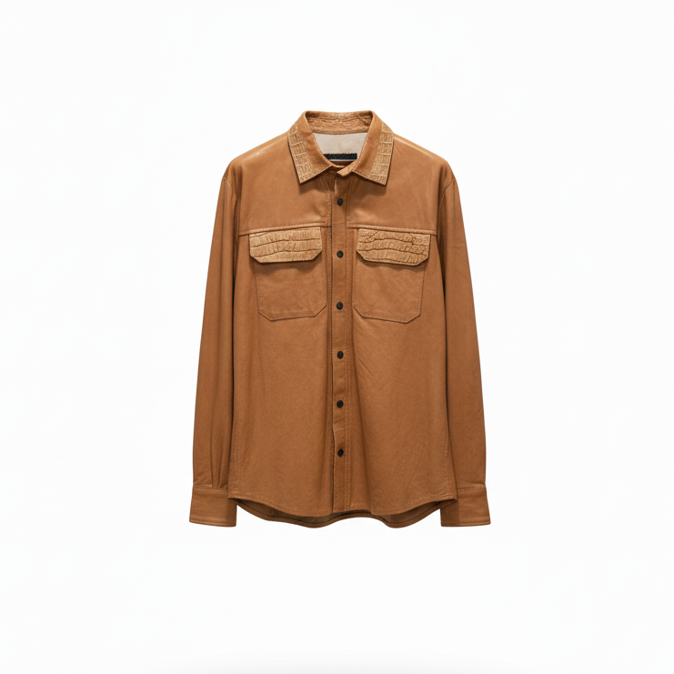 Kashani Cognac Lambskin Leather Alligator Trim Shirt