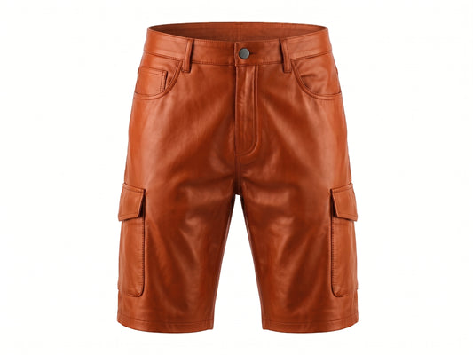 Kashani Orange Lambskin Leather Cargo Shorts