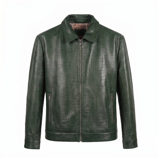Kashani ID Men's Bottle Green Embossed Alligator Leather Jacket