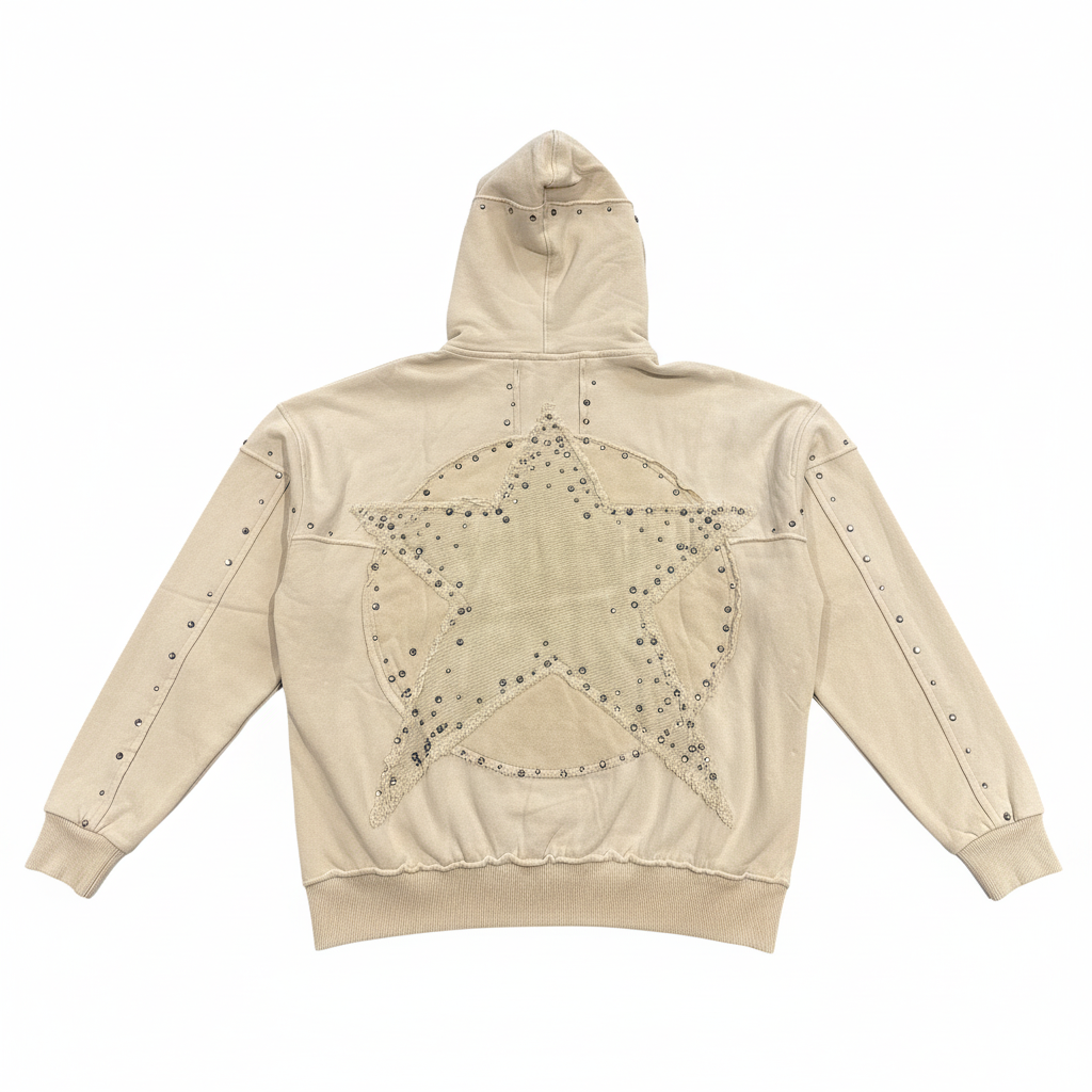 Hudson Beige Crystal Studded Zip-Up Hoodie