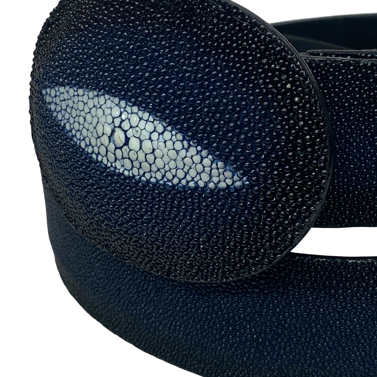 Los Altos navy blue full skin stingray belt with oval stingray buckle