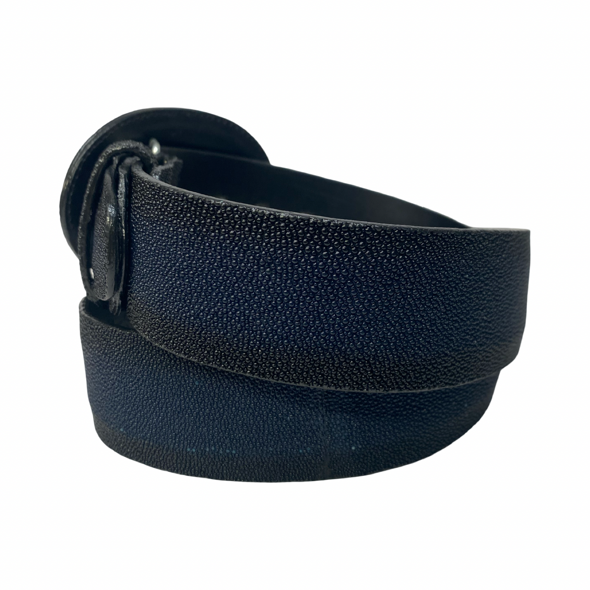 Los Altos navy blue full skin stingray belt with oval stingray buckle