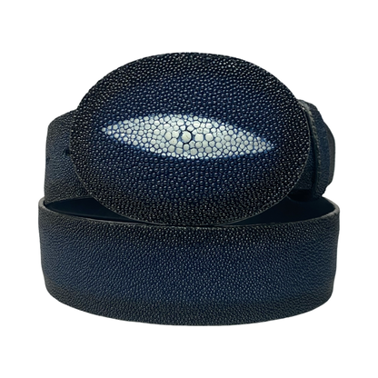 Los Altos navy blue full skin stingray belt with oval stingray buckle