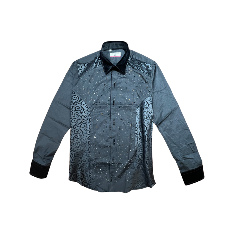 Lorenzzo Franco Black Velour Crystal Button-Up Shirt - Dudes Boutique