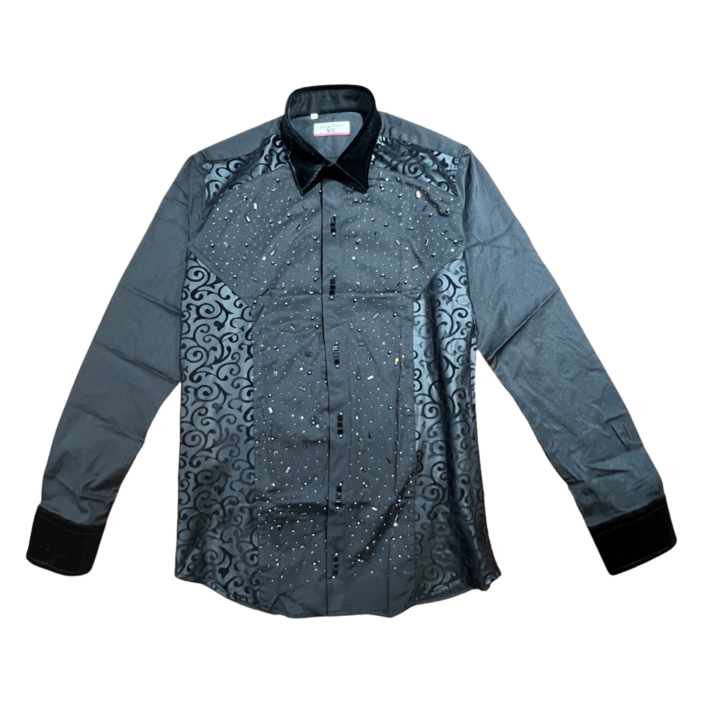 Lorenzzo Franco Black Velour Crystal Long Sleeve Shirt - Dudes Boutique