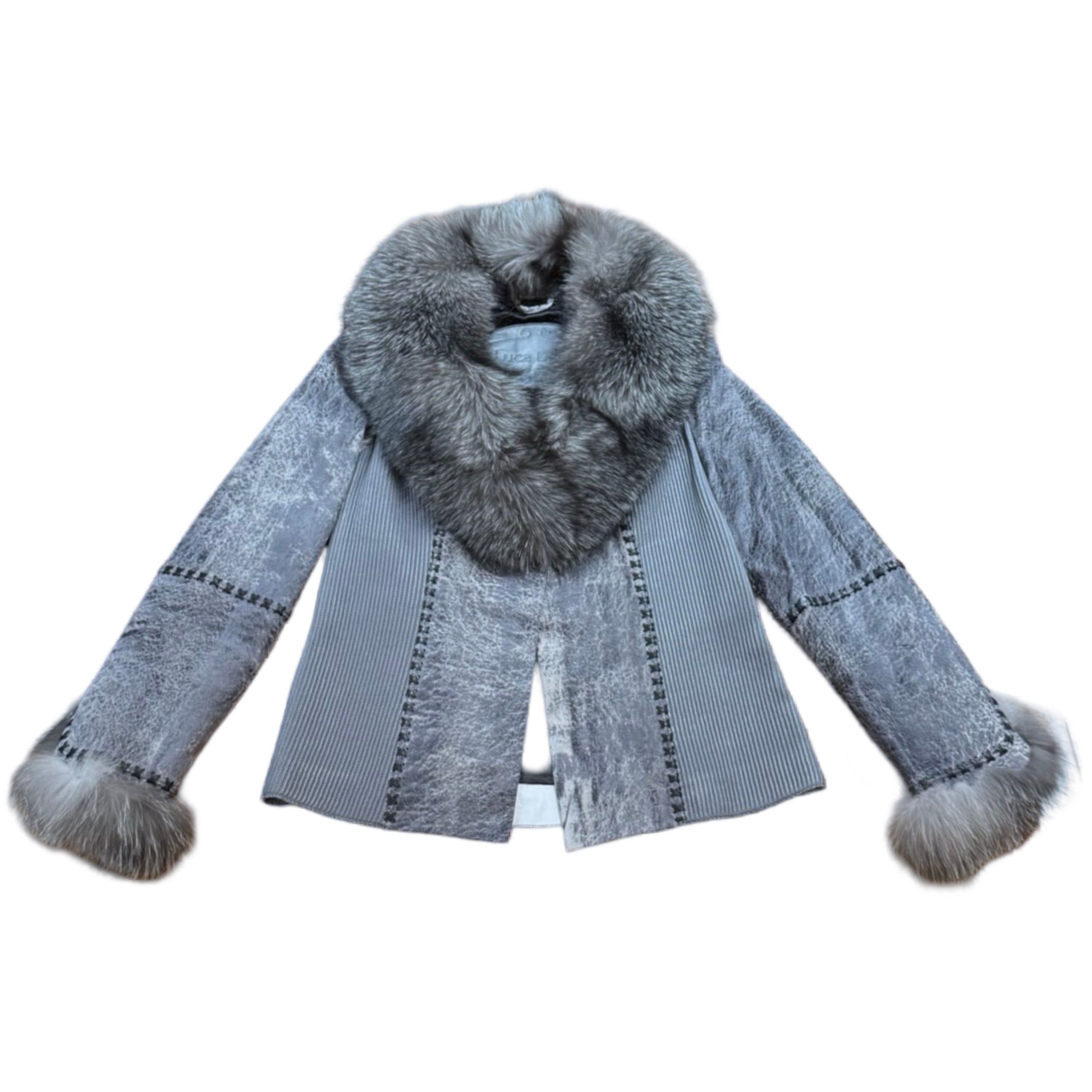 Kashani Grey Distressed Leather Jacket with Fox Fur Collar & Cuffs