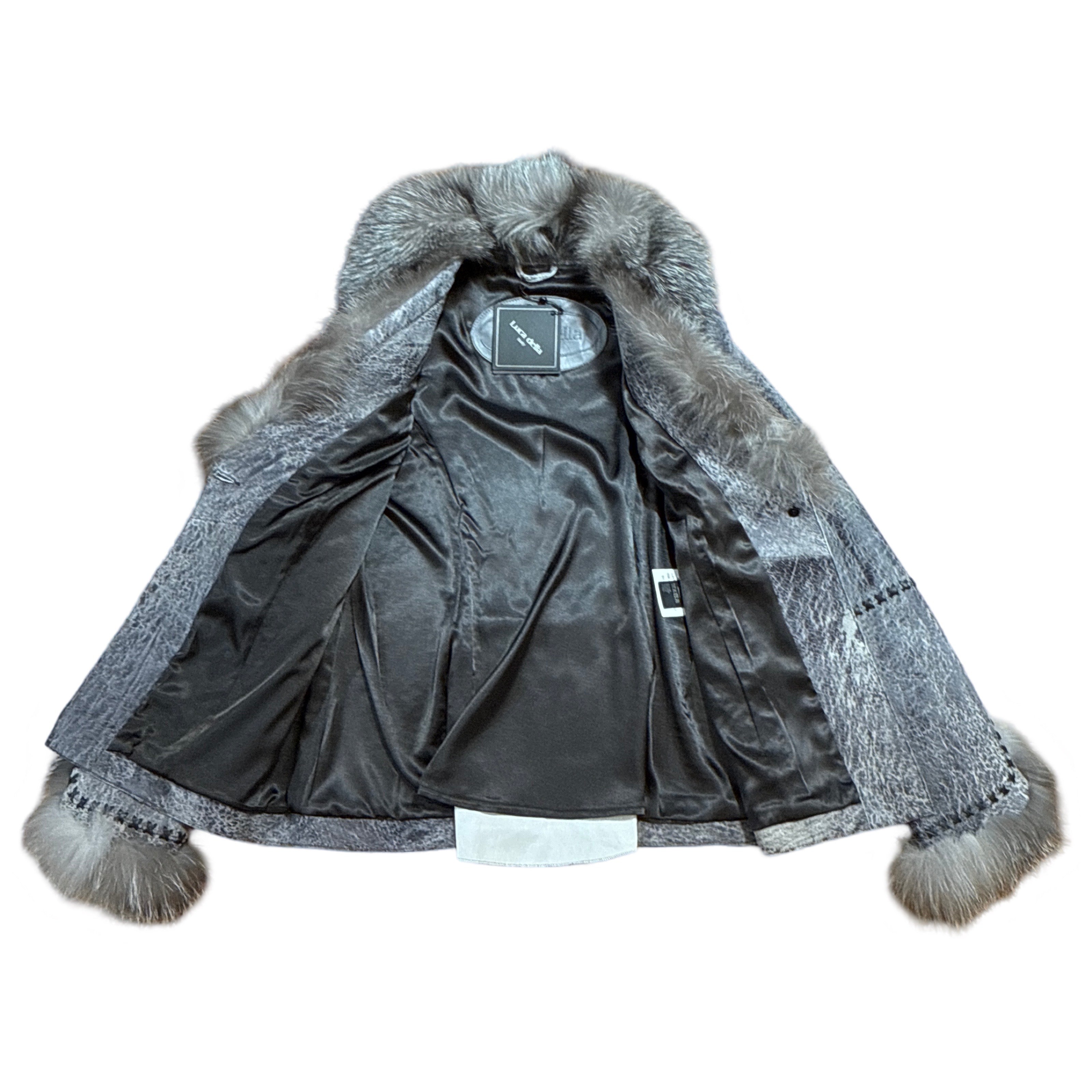 Kashani Grey Distressed Leather Jacket with Fox Fur Collar & Cuffs