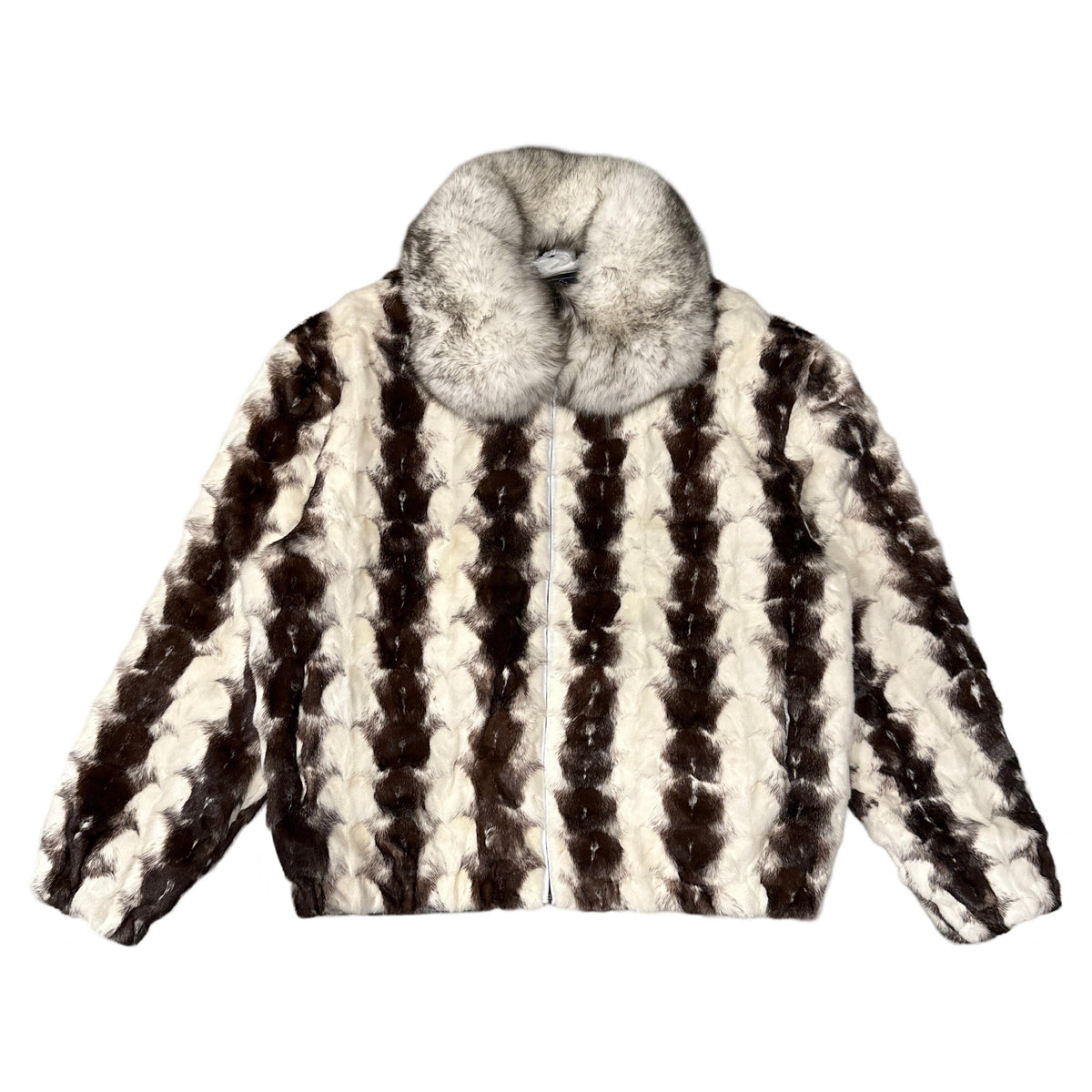 Kashani Cross White/Brown Diamond Cut Mink Fox Collar Fur Coat - Dudes Boutique