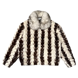 Kashani Cross White/Brown Diamond Cut Mink Fox Collar Fur Coat - Dudes Boutique