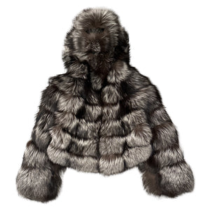 Kashani Women's Silver Fox Fur Hooded Copped Jacket - Dudes Boutique