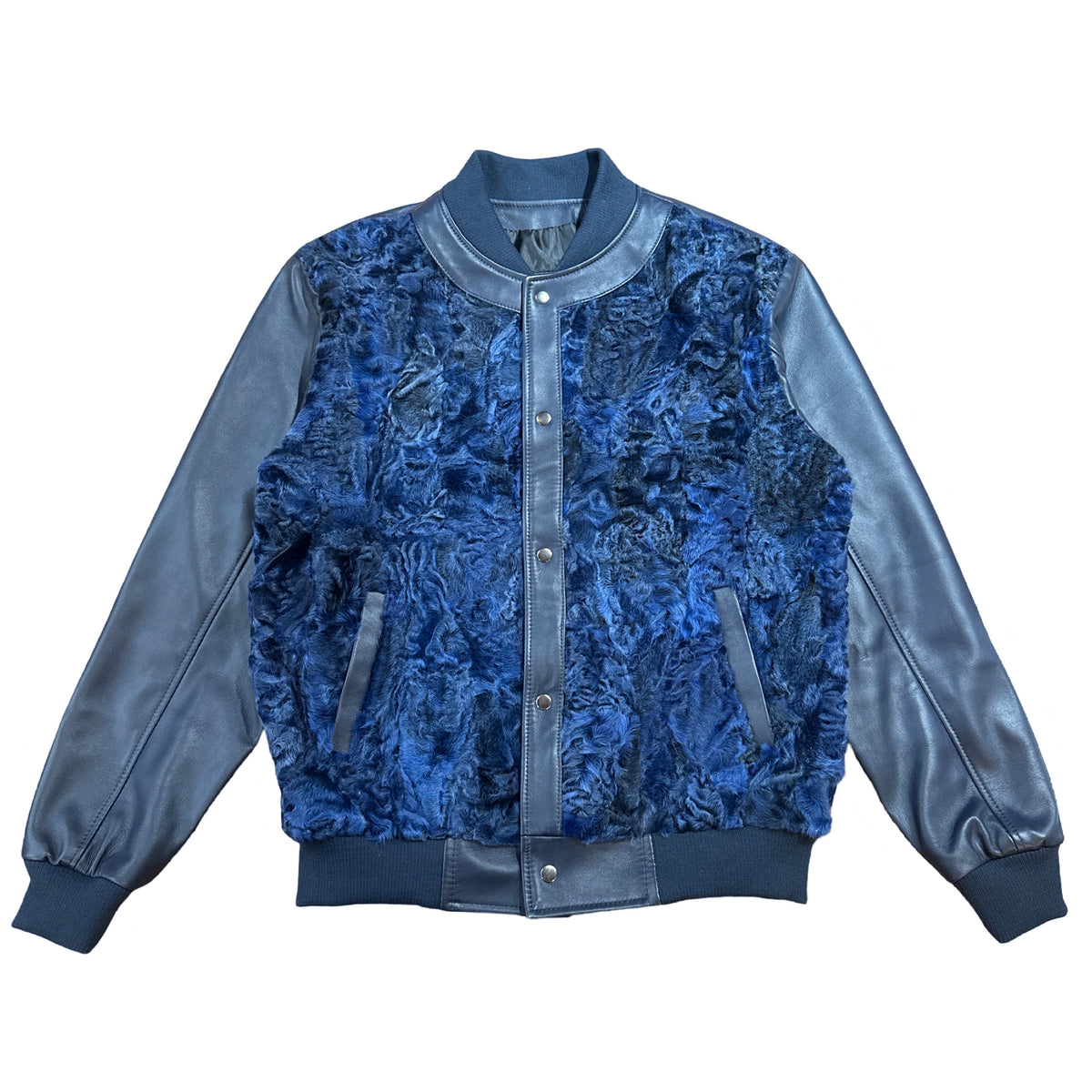 Kashani Navy Blue Persian Lamb Leather Bomber Jacket - Dudes Boutique