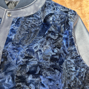 Kashani Navy Blue Persian Lamb Leather Bomber Jacket - Dudes Boutique