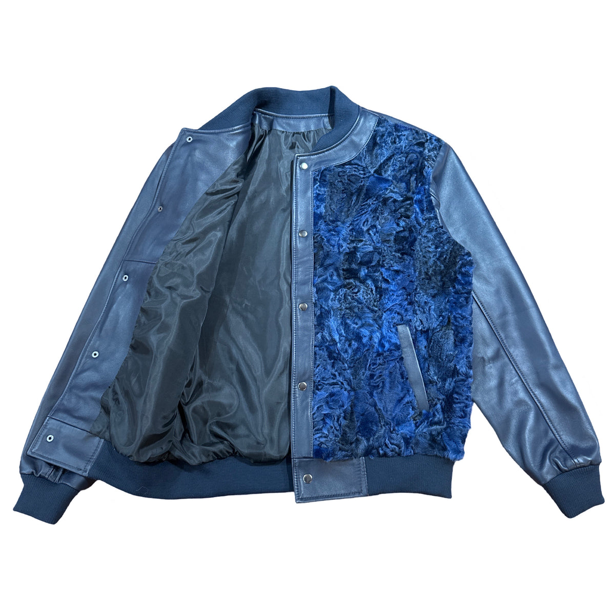 Kashani Navy Blue Persian Lamb Leather Bomber Jacket - Dudes Boutique