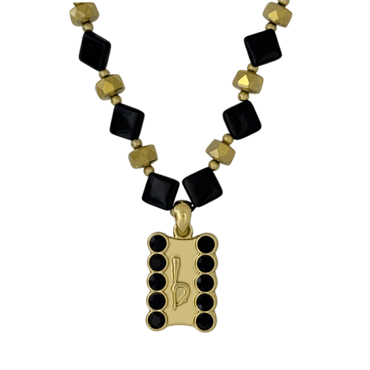 b.b. Simon ‘b’ Logo Beaded Necklace-Jet- Gold - Dudes Boutique